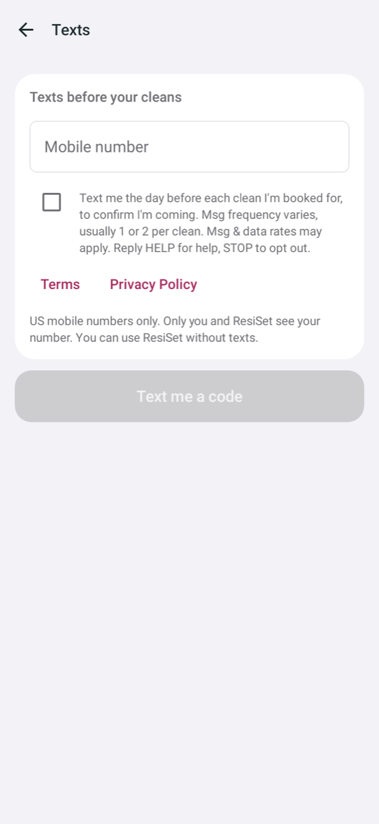 The Texts screen in the ResiSet app: a mobile number field and an unticked box with the consent words