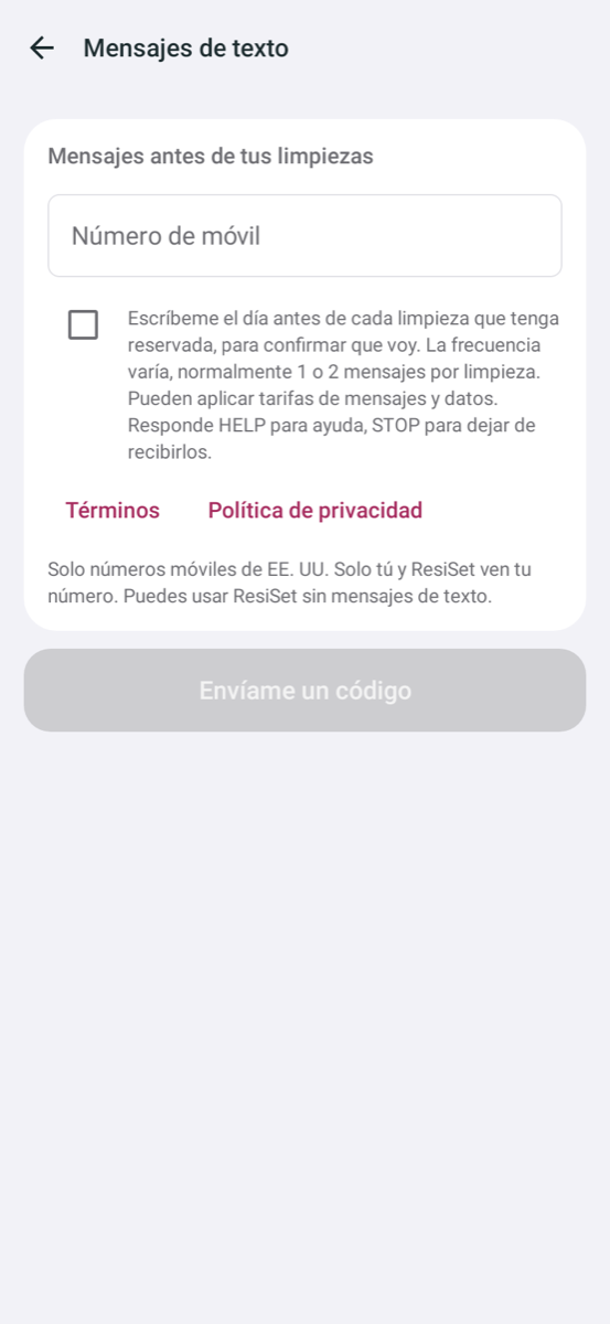 La pantalla de Mensajes de texto en la app ResiSet: un campo para el número de móvil y una casilla sin marcar con las palabras del consentimiento
